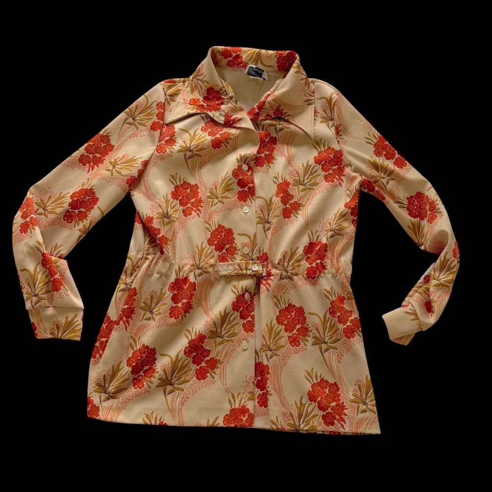 60's Devonette Polytron Vintage Floral Button Up Blouse Tan Orange Large